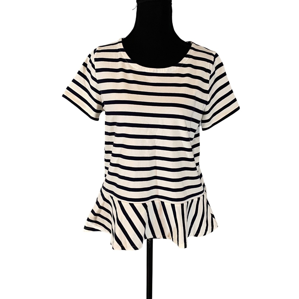 J.Crew Womens Navy Blue Ivory Striped Peplum Short Sleeve Cotton Top‎ S Preppy